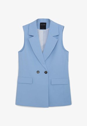 Blazer senza maniche azzurro chiaro, doppiopetto, con revers, due bottoni e tasche frontali a patta, misura piccola.