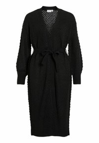 Gilet noir en tricot avec un motif texturé, décolleté en V profond, manches longues et taille nouée. Il présente une doublure à motif contrasté.