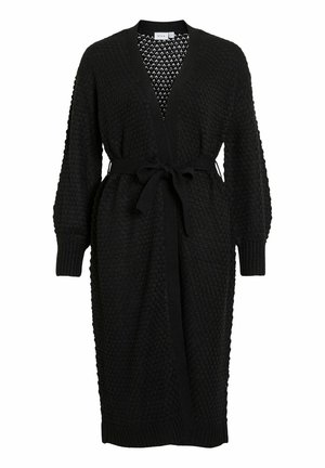 Gilet noir en tricot avec un motif texturé, décollet�é en V profond, manches longues et taille nouée. Il présente une doublure à motif contrasté.
