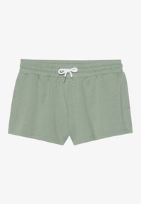 Green shorts made from soft fabric, featuring an elastic waistband with a white drawstring. Straight-cut with side pockets.