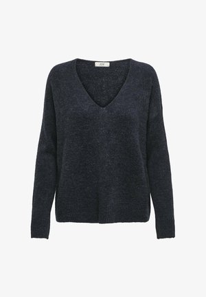 Dark gray knitted sweater with a V-neck, long sleeves, loose fit, and a soft textured appearance. Label visible at the neckline.