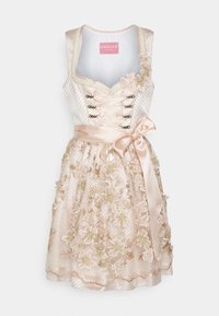 Robe dirndl traditionnelle rose clair avec broderie florale, corsage lacé de ruban en satin, applications florales et nœud en satin noué à la taille.