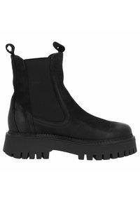 Zwarte enkellaars gemaakt van leer en elastische stof, met een stevige rubberen zool, treklussen en een afgerond te ontwerp.