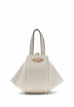 Borsa Guess bianca con motivo a logo in rilievo, targhetta logo dorata, forma strutturata e doppio manico superiore.