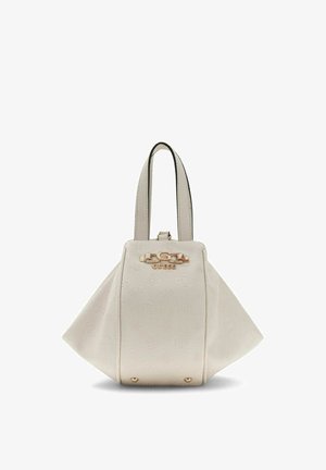 Borsa Guess bianca con motivo a logo in rilievo, targhetta logo dorata, forma strutturata e doppio manico superiore.