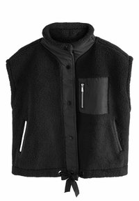 Schwarze Fleece-Weste mit hohem Kragen, Druckknöpfen, einer mit Reißverschluss versehenen Brusttasche und seitlichen Taschen, mit einem Zugband am Saum.