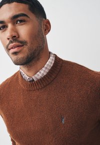 Brauner Wollpullover mit einem gerippten Rundhalsausschnitt und subtiler Struktur. Getragen über einem karierten Hemd mit weißem Hintergrund und lila Akzenten.