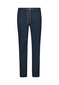 Navyblauwe broek met een koord in de taille, met een gladde textuur en een op maat gemaakte pasvorm. Eenvoudig ontwerp zonder patronen of accenten.