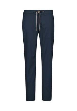 Pantalon bleu marine avec taille à cordon, présentant une texture lisse et une coupe ajustée. Design simple sans motifs ni accents.