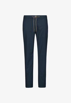 Navyblauwe broek met een koord in de taille, met een gladde textuur en een op maat gemaakte pasvorm. Eenvoudig ontwerp zonder patronen of accenten.