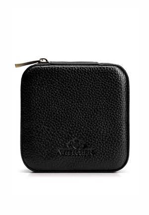 Portafoglio quadrato in pelle nera texture con chiusura a cerniera e logo Wittchen in rilievo sulla parte anteriore.