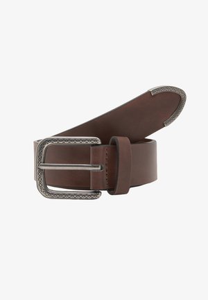 Rjav pas iz usnja s teksturiranim srebrnim zaponko. Pas ima gladko površino in dekorativne poudarke ob robovih.