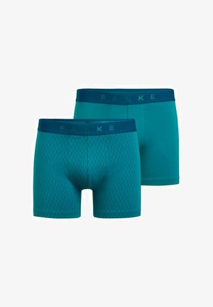 Tealfarbene Boxershorts mit einem strukturierten Design und einem gemusterten Stoff. Der elastische Bund zeigt die Marke "FALKE" in passender Farbe.