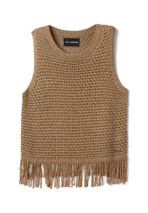 Ärmellose braune gestrickte Häkelweste mit rundem Ausschnitt, fransigem Saum und LES COPAINS Markenetikett am Halsausschnitt.