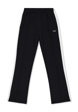 Pantaloni atletici neri con vita elastica, gambe dritte, tasche laterali, piccolo logo bianco "FILA" sulla parte superiore della coscia destra.