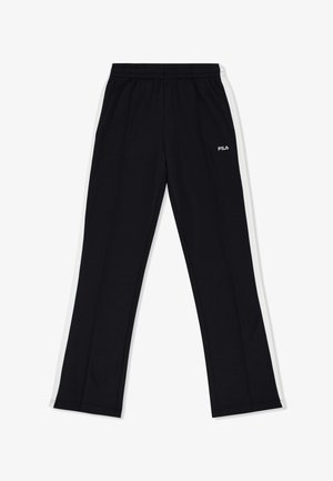 Pantaloni atletici neri con vita elastica, gambe dritte, tasche laterali, piccolo logo bianco "FILA" sulla parte superiore della coscia destra.
