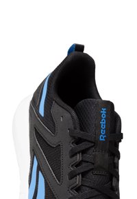 Black athletic shoe with mesh upper, blue accents, and laces. Features a white rubber sole and textile lining. Reebok logo in blue.