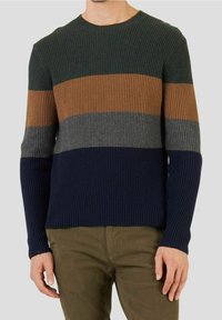 Knitted sweater featuring horizontal stripes in dark green, brown, grey, and navy. Ribbed texture with a crew neckline and fitted sleeves.