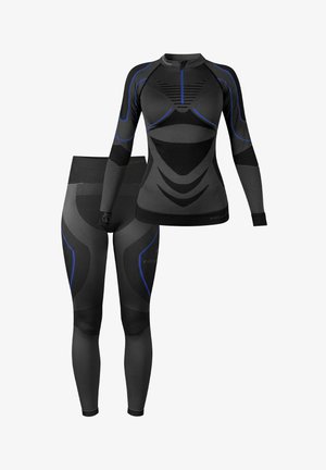 Black and gray long-sleeve top with blue accents and textured panels, paired with matching leggings featuring blue lines and fitted design.