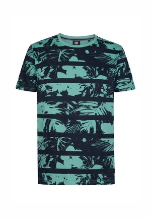 Tricou cu mânecă scurtă de culoare teal, cu un model abstract de frunze în nuanțe de albastru închis. Guler de tip crew și tiv drept, fabricat din material de bumbac moale.