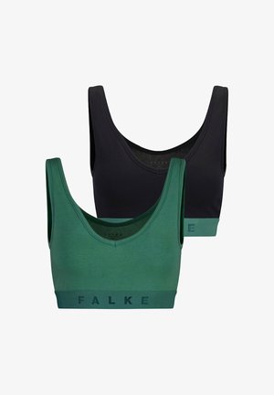 Deux soutiens-gorge sans coutures en noir et vert forêt. Caractéristiques : larges bretelles et ceinture côtelée avec logo « FALKE ». Tissu doux et extensible.