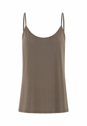 Camiseta femenina sin mangas de color marrón con finos tirantes ajustables de tipo espagueti y escote redondeado.