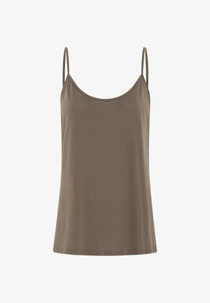 Camiseta femenina sin mangas de color marrón con finos tirantes ajustables de tipo espagueti y escote redondeado.