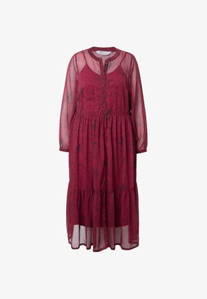 Langes kastanienbraunes Kleid mit langen transparenten Ärmeln, Knopfleiste, schichtete Rock und einem Druck mit Kreisen und abstrakten Mustern.