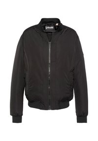Giacca bomber nera con zip frontale, polsini e orlo a costine e tasche laterali. Materiale liscio e leggero, con un design classico.