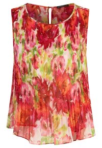 Haut sans manches à imprime floral, présentant un design plissé dans des teintes rouges, roses et vertes sur un fond clair, avec une ouverture en forme de trou de serrure au dos.