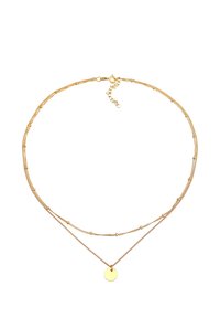 Goldenes Mehrstrang-Halsband mit zarten Ketten, runden Anhängern und kleinen Perlen. Verstellbarer Verschluss mit Verlängerungskette für die Größe.