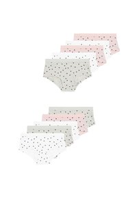 Sæt med seks kvinder hipster-trusser i grå, hvid og pink, hver med et lille sort hjerte-mønster.
