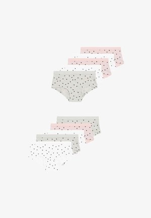 Conjuntos de seis bragas tipo hipster para mujer en gris, blanco y rosa, cada una con un pequeño patrón de corazones negros.