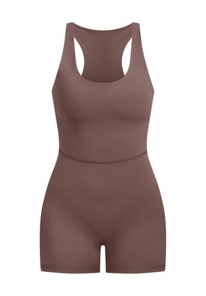 Brązowy, bezszwowy body o okrągłym dekolcie i tylnym wycięciu w stylu racerback. Posiada dopasowaną sylwetkę i krótkie nogawki. Gładka tekstura.