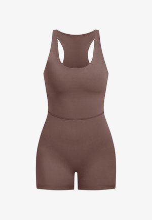 Brown seamless bodysuit with a round neckline and racerback design. It features a fitted silhouette and short legs. Smooth texture.