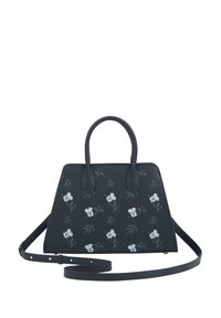 Navy leather handbag with floral embroidery in shades of blue and green. Features dual top handles and an adjustable shoulder strap.