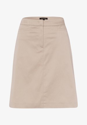 Beige midikjol i slätt tyg med rak skärning, två sidofickor och en enkel midje-design.