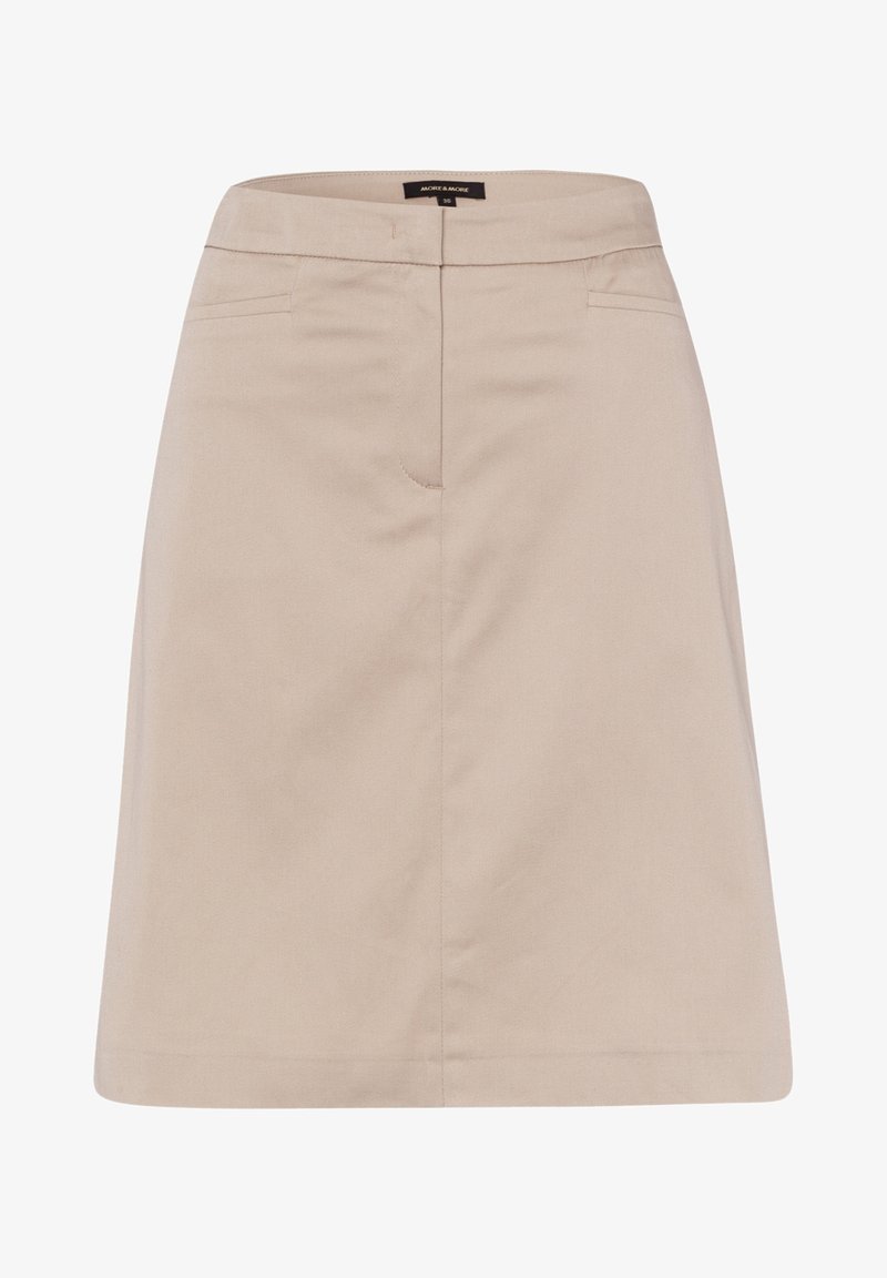 Beige sukně ke kolenům vyrobená z hladkého materiálu, s rovného střihu, dvěma bočními kapsami a jednoduchým designem pasu.