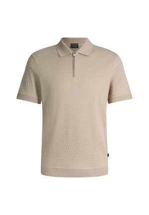 Beiges Polohemd mit kurzen Ärmeln, strukturierten vertikalen und quadratischen Mustern, einem weichen Kragen und einem Reißverschluss vorne.