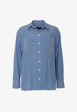 Camicia blu a maniche lunghe con strisce verticali bianche e rosa, due taschini sul petto e collo; realizzata in tessuto leggero.