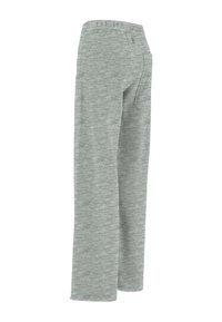 Pantalones de chándal grises de pierna ancha con una tela texturizada y una cintura elástica. Cuenta con cierre de cremallera y un bolsillo trasero para mayor comodidad.