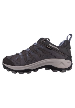 Grey hiking shoe with synthetic upper, reinforced toe, and rubber outsole. Features blue accents and breathable mesh panels.