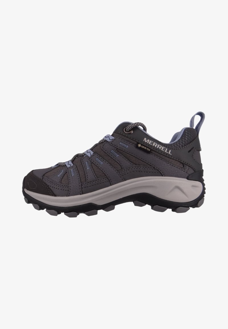 Szare buty turystyczne zsyntetycznej górnej części, wzmocnionym noskiem i gumową podeszwą. Oferują niebieskie akcenty oraz oddychające panele z siateczki.