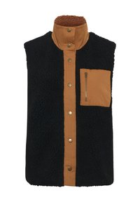 Černá fleecová vesta s hnědým límcem a předním zapínáním. Disponuje patentními knoflíky a kapsou na zip na hrudi v kontrastní hnědé látce.