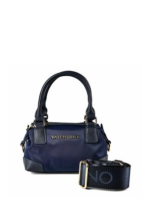 Borsa Valentino blu navy con due manici, ferrature dorate e tracolla removibile blu navy con scritta sottile "NO".