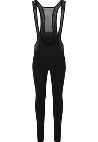 Zwarte fietsbroek met bretels, strak ontwerp, platte naden en een gevoerd zitvlak. Bevat logodetail op de bovenbeen.