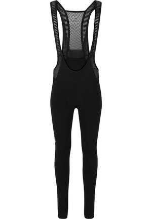 Schwarze Fahrrad-Bib-Shorts mit Netzträgern, körpernahem Design, flachen Nähten und gepolstertem Sitzbereich. Mit Logoschriftzug am Oberschenkel.