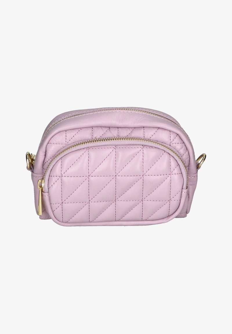 Petit sac bandoulière en cuir matelassé rose clair avec deux compartiments à fermeture éclair dorée et anneaux de sangle réglables de chaque côté.