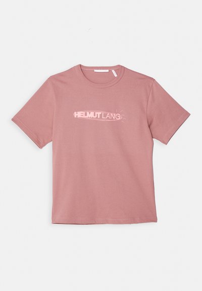 Pink cotton T-shirt with short sleeves, featuring "HELMUT LANG" graphic logo in a lighter shade across the chest. Smooth texture. Round neckline.
