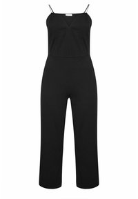 Schwarzer Einteiler mit dünnen Trägern, der einen taillierten Oberteil und weit geschnittene Hosen hat, gefertigt aus einem glatten, einfarbigen Stoff. Keine sichtbaren Muster.